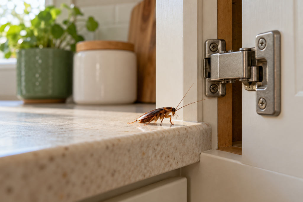 Cockroach beside a kitchen cabinet hinge — AI-generated illustration