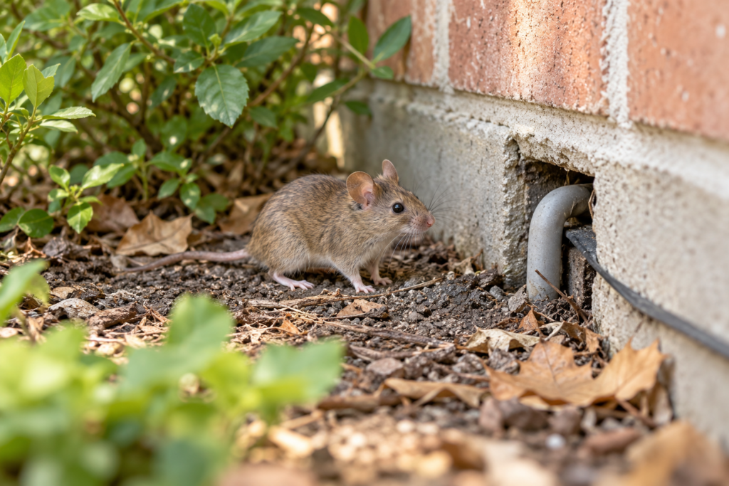 Mouse beside a foundation opening — AI-generated illustration