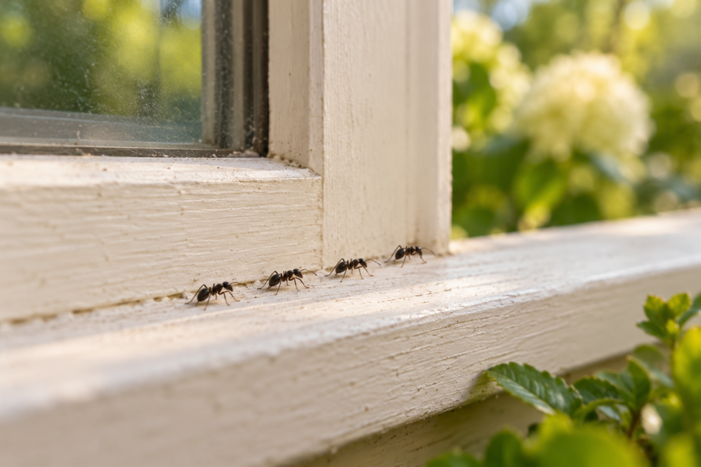 Ants along a window sill — AI-generated illustration