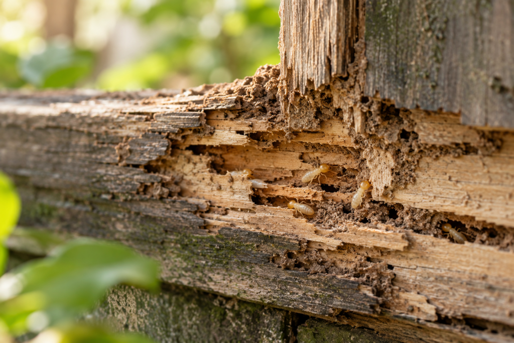 Termites in damaged wood — AI-generated illustration