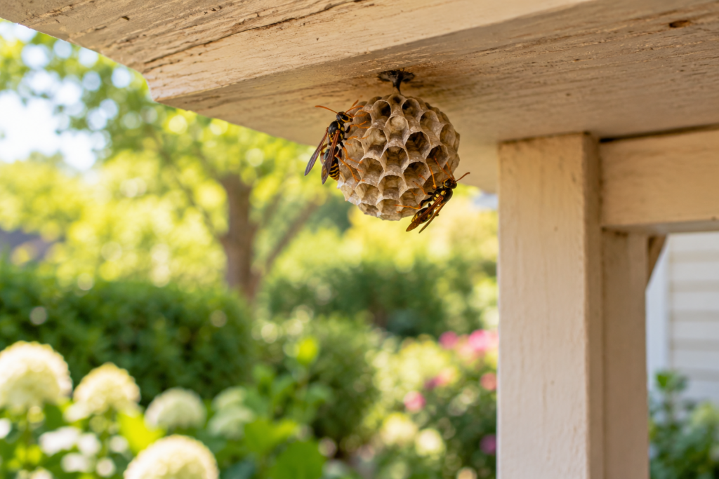 Paper wasps on a nest beneath a porch eave — AI-generated illustration