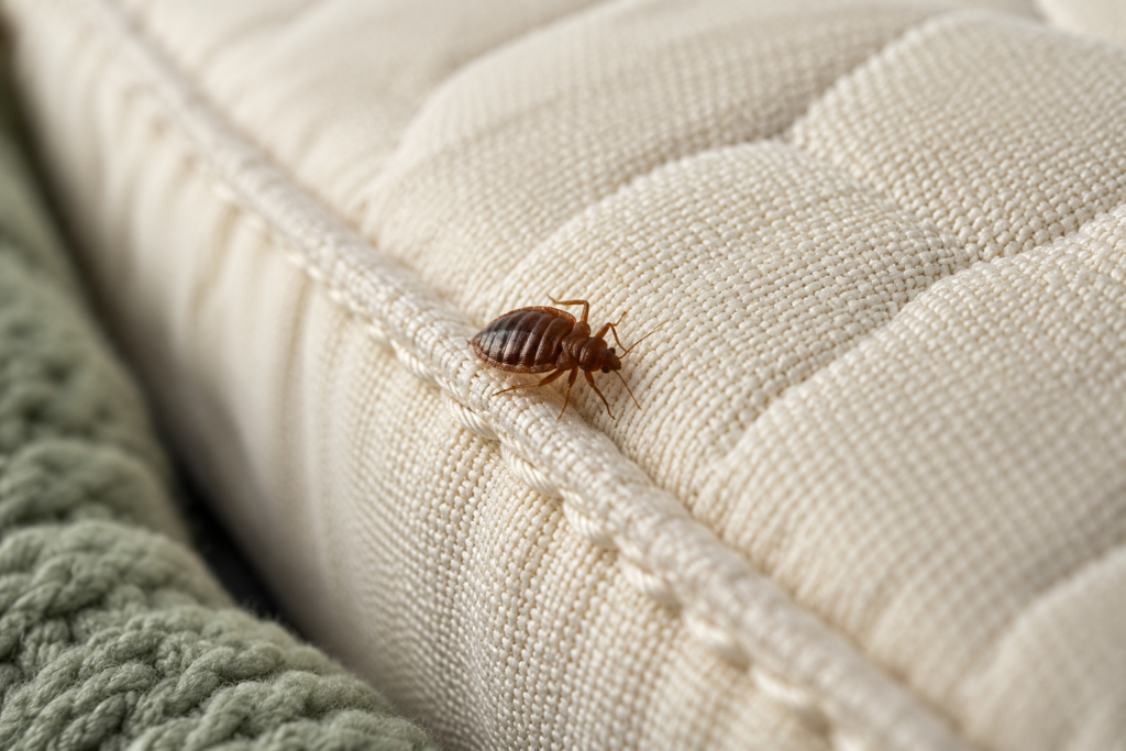 Bed bug beside a mattress seam — AI-generated illustration